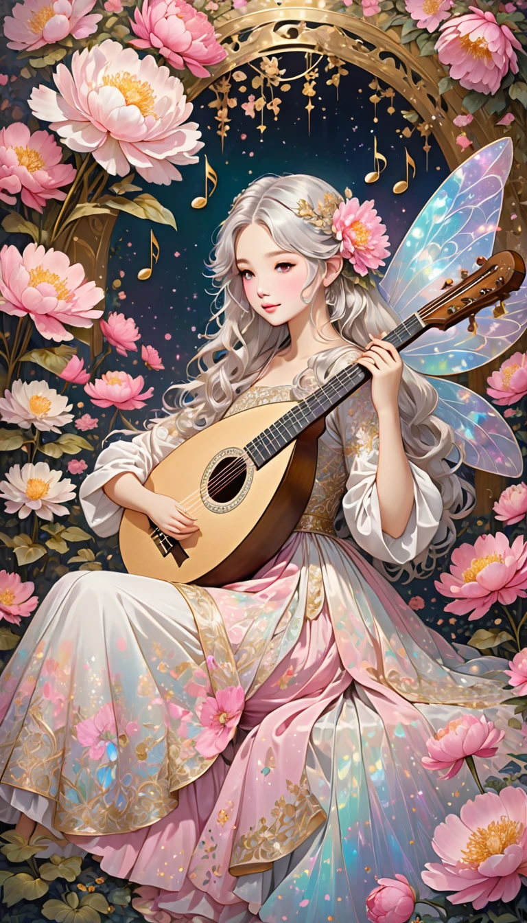 A stunning girl with long, wavy light silver hair sitting in a dress is detailed with intricate patterns in white, pink, and gold, giving her a traditional or folkloric appearance, holding a lute like an angle. Surround the figure with glittery pink and gold peonies, against a contrasting background that includes musical notes and a subtle gothic touch. Also, create a fantasy scene featuring a fairy with iridescent wings, resting on a large mushroom. The fairy should have delicate features, with flowers adorning her hair and a dress that blends into the pastel colors. Add multicolored sparkles in the background.