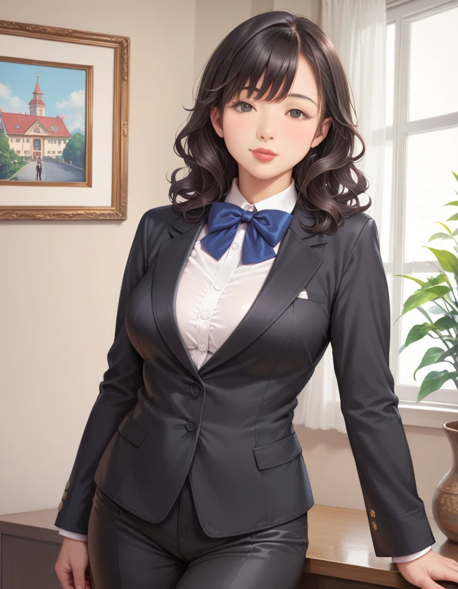 (score_8, score_8_up,masterpiece,highest quality,Perfect Anatomy,Exquisite detailed:1.1)(raw photo,photo realistic:1.1)(realistic:1.2)1 mature female,Japanese,tareme,busty,small eyes,black eyes,black hair,medium hair,wavy hair,bangs,red lips,black suit,black pants,dark blue bow,hotel