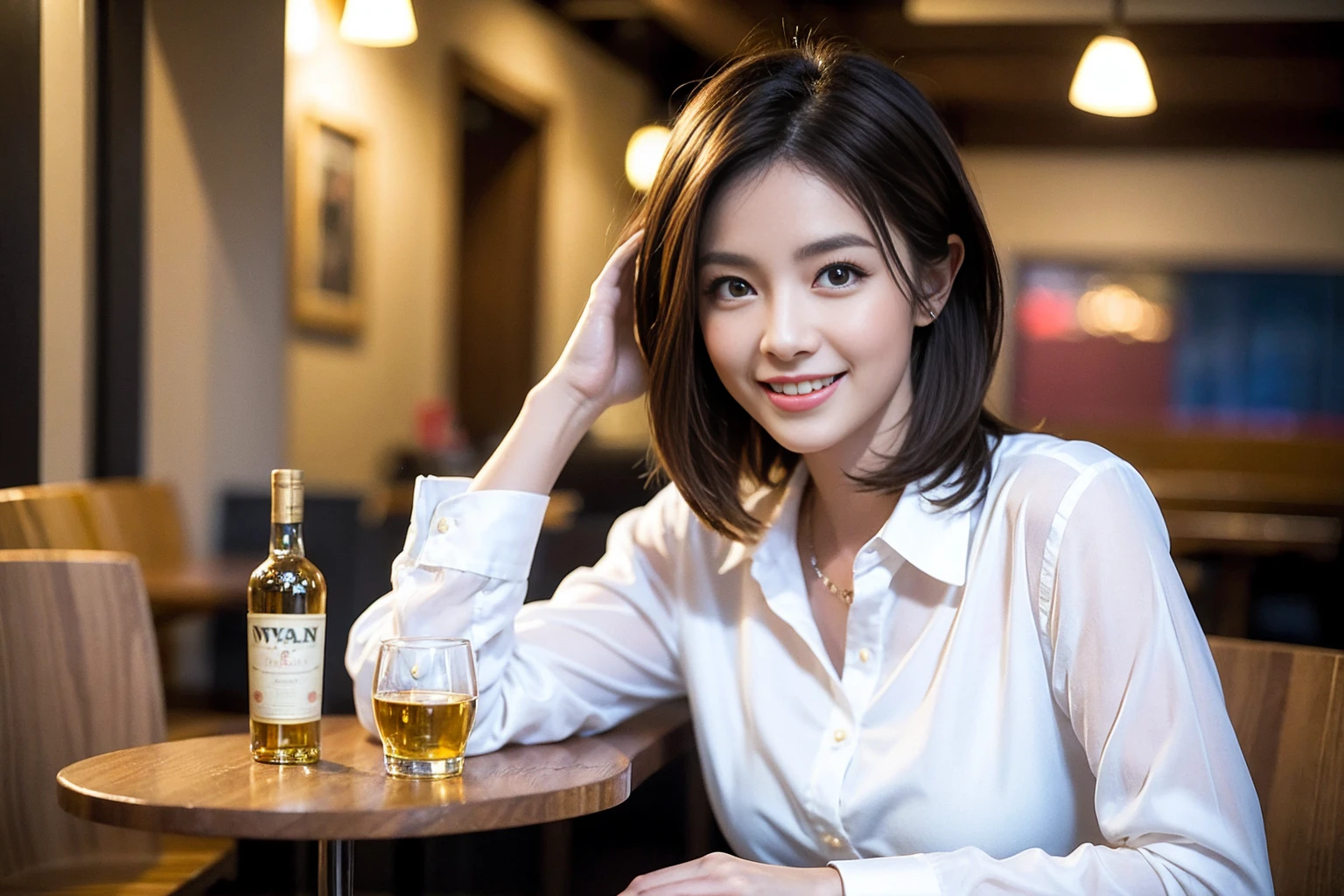 ((Highest quality、8k、masterpiece:1.3))、Whiskey bottles、The Macallan、Joni Black、Old Parr、whiskey、Suntory、Nikka、slimカップル、modelカップル、(Realistic, Intricate details:1.2), full-course dinner、Whiskey bottle and glass on the table、Single Malt、scotch、Rocks glass、Shot Glass、On the rock、Scotland、Amazing view of the sunset sky and clouds、A bright smile、The wonderfulness of smile、 Beautiful Face, blue eyes, The light shines on your face, blush, short hair,Bright Face、 (Age 37), 3,Two beauties、Brown Hair、Shortcuts、Long sleeve shirt、dress、Beautiful woman 1, (slimな顔), (The body is slim), (Brown Hair), (Shortcuts), cheeks turn a little red,Attractive beauty、restaurant, In a prominent place (From the waist up) Nova Frog Style, actress, model, Upper Body, White wine, slim, smile, (smile: 1.15), Beautiful fine grain, Depth f/2,saturation, High Contrast, Strong light and shadow,Moist Body:1.5、3D texture、Delicate eyes、Brown Hair、The hair is very shiny、