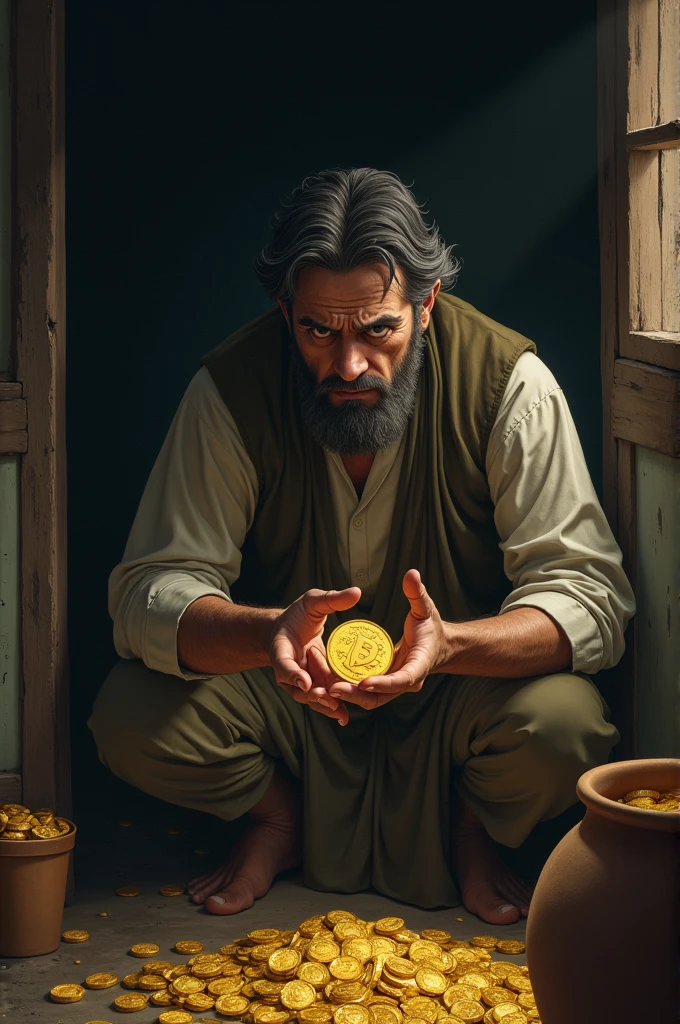 Anxiety with the Treasure: Show Ramlaal sitting inside his modest home, holding a gold coin, but with a worried expression on his face. The pot of gold is hidden in a corner of the room. The scene should capture the tension and unease, with dim lighting to emphasize his inner turmoil.