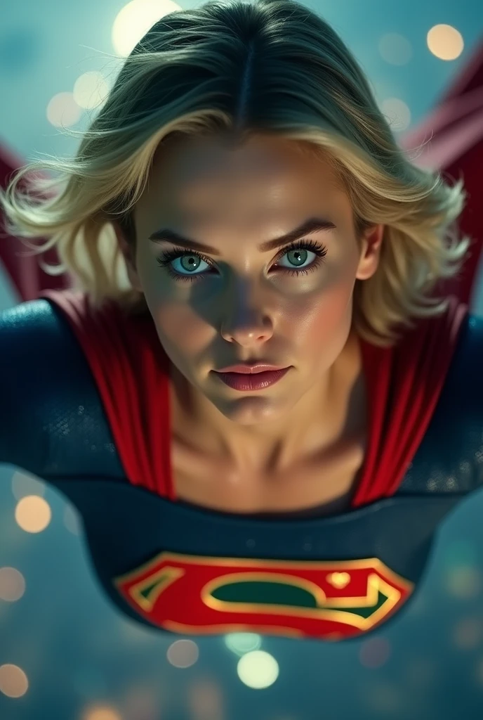 A close-up shot captures Supergirl's face as she flies through the night sky, her piercing green eyes filled with resolve. The camera focuses on his strong breasts and the iconic "S" emblem on her chest, which glows faintly under the city lights. The wind ruffles her short blonde hair slightly. The lighting is intense, with the moon casting a silver sheen on her sexy suit, highlighting the textures of the fabric. The background is blurred to keep the focus on Supergirl’s expression, showing the determination and strength that define her as a heroïne.