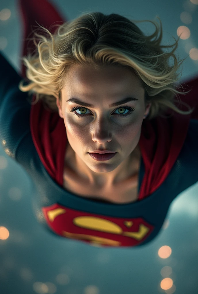 A close-up shot captures Supergirl's face as she flies through the night sky, her piercing green eyes filled with resolve. The camera focuses on his strong breasts and the iconic "S" emblem on her chest, which glows faintly under the city lights. The wind ruffles her short blonde hair slightly. The lighting is intense, with the moon casting a silver sheen on her sexy suit, highlighting the textures of the fabric. The background is blurred to keep the focus on Supergirl’s expression, showing the determination and strength that define her as a heroïne.