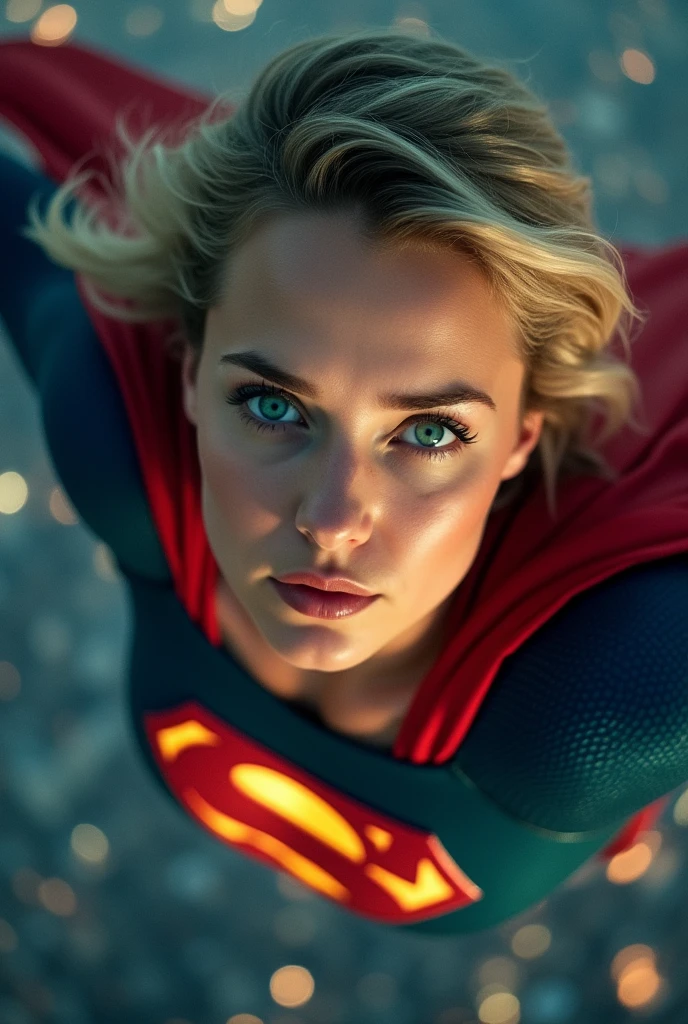 A close-up shot captures Supergirl's face as she flies through the night sky, her piercing green eyes filled with resolve. The camera focuses on his strong breasts and the iconic "S" emblem on her chest, which glows faintly under the city lights. The wind ruffles her short blonde hair slightly. The lighting is intense, with the moon casting a silver sheen on her sexy suit, highlighting the textures of the fabric. The background is blurred to keep the focus on Supergirl’s expression, showing the determination and strength that define her as a heroïne.