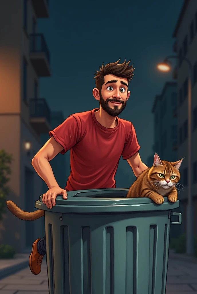 young man with small french beard in red t shirt falls into a Dustbin  on the road in the night and smalll little anger brown cat closed the lid of the grey Dustbin