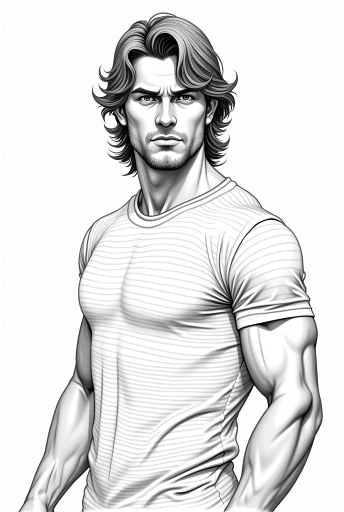 Create a detailed 2D outline of a man with a rugged yet handsome appearance, featuring medium-length wavy hair that falls just past his shoulders. His face has strong, chiseled features with a well-defined jawline, thick eyebrows, and intense eyes that convey determination. He wears a striped t-shirt that fits snugly on his muscular frame. The background is minimal, focusing solely on the man's front profile with his head slightly tilted, revealing the natural texture of his hair and facial hair