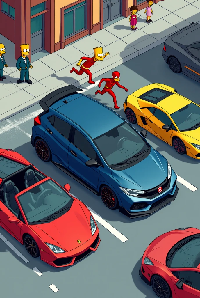 Make a picture of a 2018 Japanese version Honda Fit in dark blue with black lips and matching BSS rims. The car should be at speed., touring the city and everything is drawn in an isometric drawing in the style of the Simpsons drawing and he is racing a Lamborghini and a Ferrari And that Flash is also in the race running and that Batman is defecating in the street