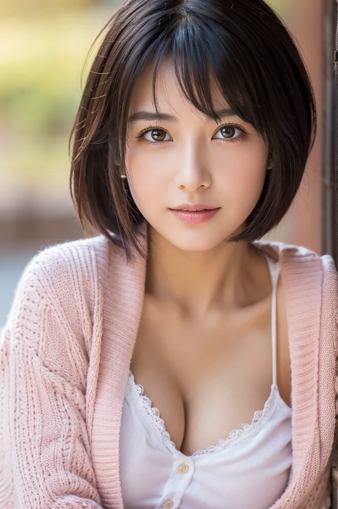8k, highest quality, masterpiece, Realistic, Photorealistic, Ultra-detailed, Natural light, Highly detailed face and skin, Detailed eyes, Highly detailed face and skin mid-shot, Beautiful woman looking at the camera, y pose, Beautiful Face, Realistic Face, Detailed face, Beautiful Hairstyles, (Short Hair), Realistic eyes, Fine grain, Realistic Skin, Detailed skin, Beautiful Skin, Charm, 超Realistic, Casual Pink cardigan, Cleid, BLack r, Cute Japanese Girl, whole body