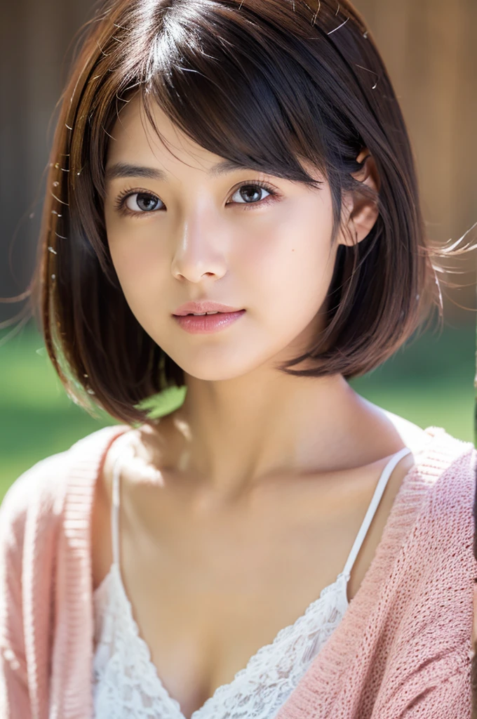 8k, highest quality, masterpiece, Realistic, Photorealistic, Ultra-detailed, Natural light, Highly detailed face and skin, Detailed eyes, Highly detailed face and skin mid-shot, Beautiful woman looking at the camera, Sexy pose, Beautiful Face, Realistic Face, Detailed face, Beautiful Hairstyles, (Short Hair), Realistic eyes, Fine grain, Realistic Skin, Detailed skin, Beautiful Skin, Charm, 超Realistic, Casual Pink cardigan, Cleavage, kid, BLack Hair, Cute Japanese Girl, whole body
