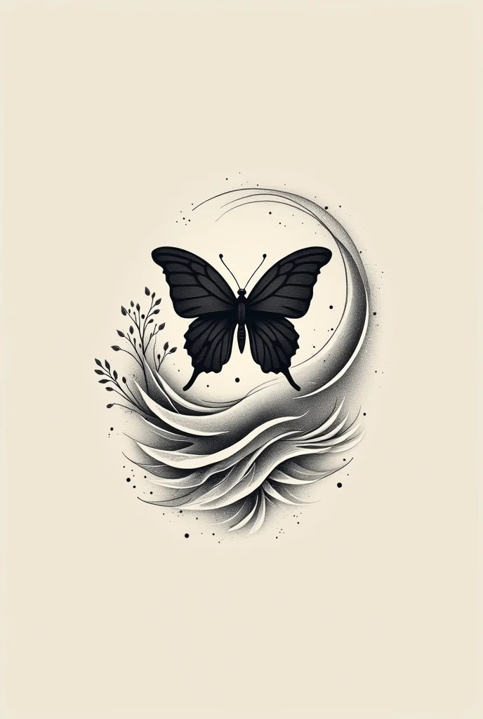 A black cute tattoo with a erfly and sea waves