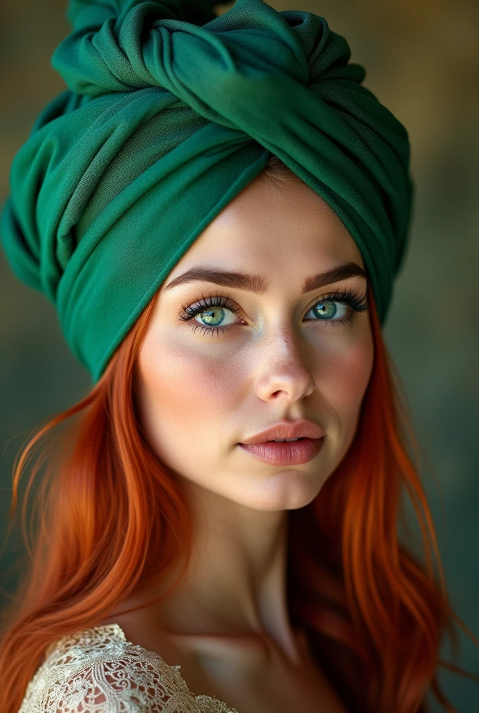 Logo d'une femme aux cheveux rouge avec un turban couleur vert émeraude , elle coud dans un univers coloré et féerique