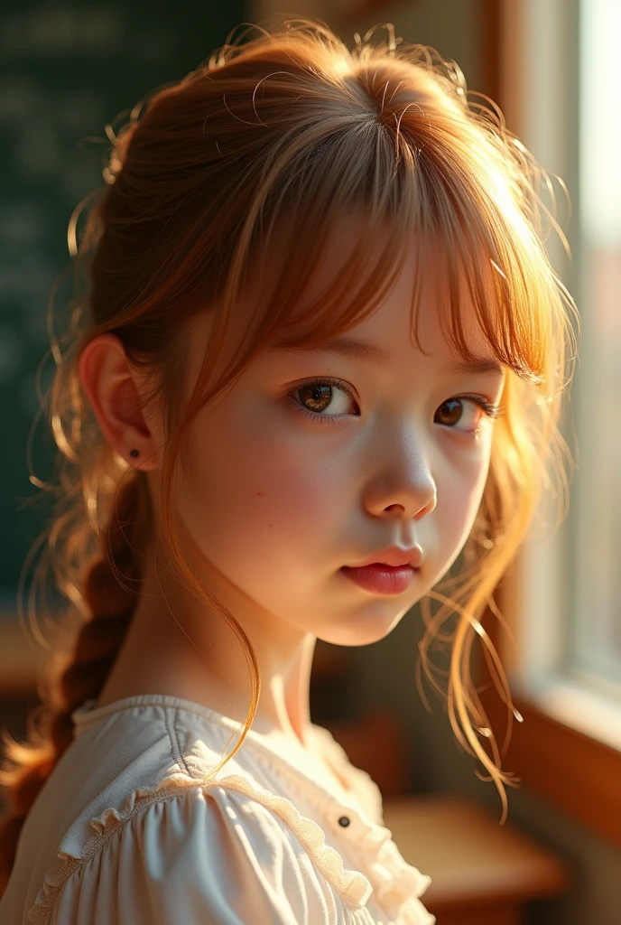 (8ก, Highest quality: 1.2), Extremely detailed, thorough resolution, (realistic, realistic photo: 1.37), Portrait, high definition RAW color photograph, professionally arrested, high definition and beautiful, high definition, 8ก Image wallpaper, Amazing details, Big file size, highly detailed beautiful girl, Extremely detailed face, (Finely defined super beautiful eyes:1.8), The nose has a precise shape., expressive lips,(sunset,classroom background:1.2) , one story, cute girl, realistic、                                                                                 (Cinematic scene,Fantasy Art,Best Quality,High quality,High Definition,high quality texture,high detailing,Beautiful detailed,fine detailed,extremely details CG,Detailed texture,realistic representation of face,masutepiece,presence,Dynamic,Bold),1gir,Ultra detailed skin,Curve,(coverd nipple:0.8),Beautiful breasts,small breasts,pale skin,pointed breast,Erect nipples,(Ultra Thin hair),(Ultra Soft hair),(ultra straight hair),Swept long bangs,very light coppery amber hair,Hair over one eye,very skinny body,smart abs,( school teacher outfit:1.5),