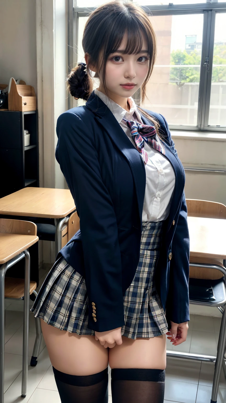 masterpiece, best quality, illustration, Super detailed, fine details, High resolution, 8K,wall paper, perfect dynamic composition,(Details High quality, realistic depiction of eyes:1.3), from side, High School Classroom、High school girl uniform、blazer 、Super Short Check Uniform Skirt、Navy blue high socks、garterbelts、plump breasts, Disturbed uniform, (updo:1.2), black hair color, large breasts, Big Natural Color Lip, bold sexy pose, (perfect body shape), crying a little、20 year old girl、cute type, beautiful legs, hposing Gravure Idol, Voluptuous thighs