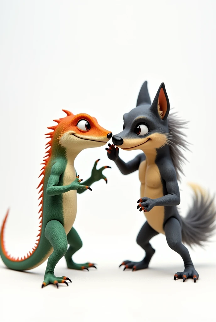 A lizard and a wolf giving a little punch , 4k hd , white background , with him with expressions