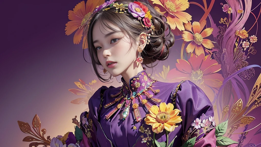 32K, 最高quality, 最高masterpiece, ((1 personの少女)), (masterpiece, 最高quality, 最高quality, Official Art, Beautiful and aesthetic: 1.2), High resolution, Super detailed, Very detailedな, 1 personの, (bouquet:1.3), (1 Flower), Upper body, Very detailedな, (Fractal Art: 1.3), colorful, Most detailed, (Earrings Flower:1.5), Purple-red pale background, It's imaginative., (Tangled:1.2), (Geometric:1.2),(colorful),(masterpiece, quality, best quality, Official Art, Beautiful and beautiful:1.2), (1 person:1.3), Very detailed,(colorful:1.1)(Flowers:1.3),Most detailed,(Tangled:1.2), whole body, (Abstract background:1.3), (Skin glows), (Many colors:1.4),