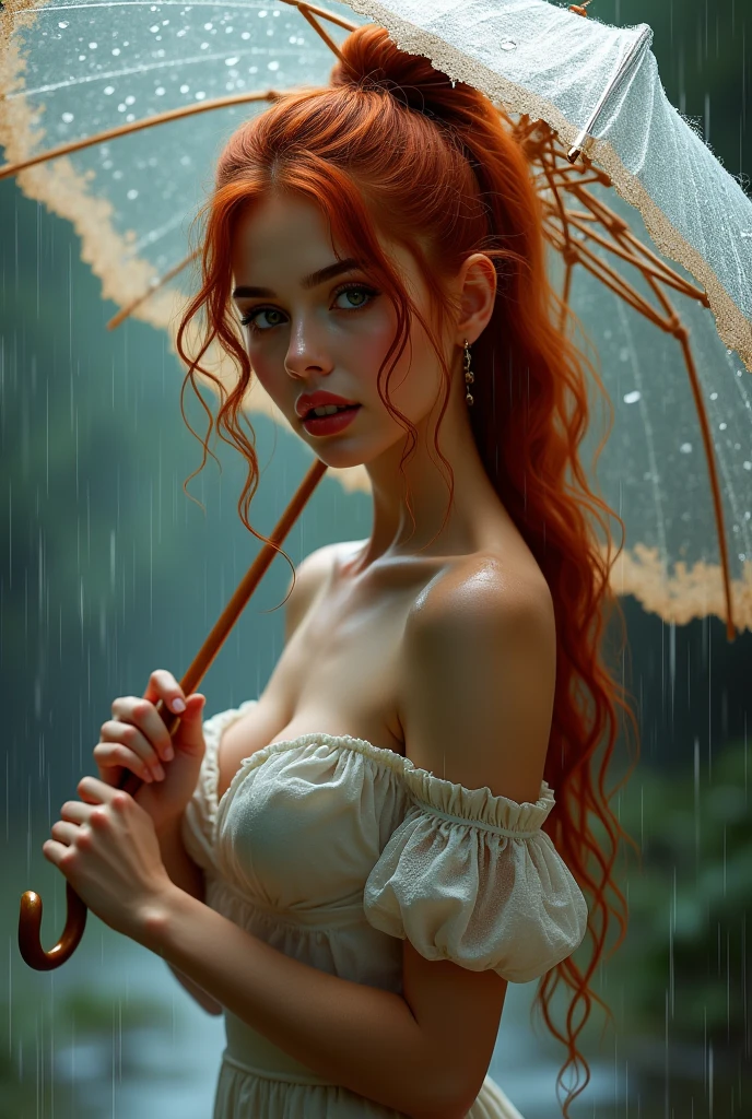 An attractive young woman with fair skin and red hair, long and wavy, tied in a high ponytail. She is where the rain, serena and sweet. She holds an umbrella. Her body is curvy, fleshy lips, with wide hips and a thin waist
