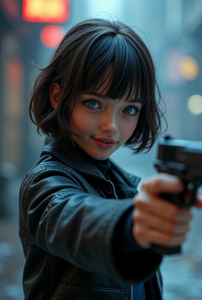 Captured from a high-angle, eye-level perspective, a medium-sized girl, dressed in a black leather jacket, holds a gun in her right hand. Her left hand is raised in the air, while her right arm rests on her hip. Her right arm is draped over her shoulder, adding a pop of color to the scene. The girl's hair is a dark brown, with bangs, and she's looking off to the side. Her eyes are a piercing blue, and her lips are a lighter shade of brown. Her hair is styled in a bob, with a slight smile on her face. The backdrop is blurred in the background there is 3D text that reads "Star Wars Outlaws" in the background at the top of the picture, creating a stark contrast to the girl. Star Wars Movie Style Science Fiction, Futurism, retina, masterpiece, accurate, anatomically correct, textured skin, super detail, best quality, award winning, highres, 4K, 8k, 16k