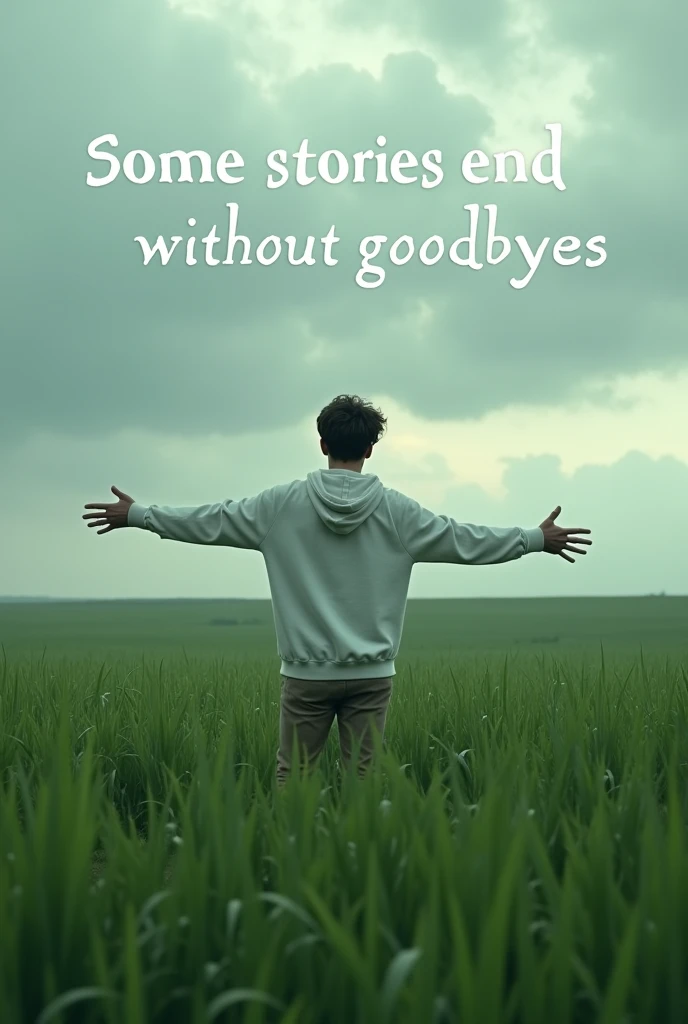 Create a scene where a 20 year old boy stands amidst a vast, lush green field, surrounded by a serene and moody landscape. The person is dressed in a white hoodie, slightly turned away, with arms outstretched, embracing the natural surroundings. The sky above is overcast with thick clouds, adding a dramatic touch to the atmosphere. In large, bold text overlay, include a poignant phrase like "Some Stories End without Goodbyes" to evoke a sense of reflection and contemplation. The overall mood is calm yet introspective, with a blend of nature's beauty and the quiet strength of solitude. Realistic 
