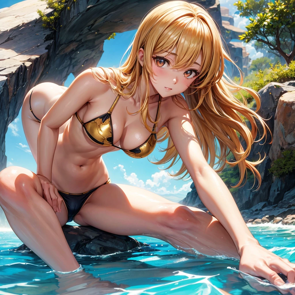 Good quality anime, Masterpiece, 1 woman, golden hair, brown eyes,front, detailed face, beautiful eyes,cute,Wearing a bikini