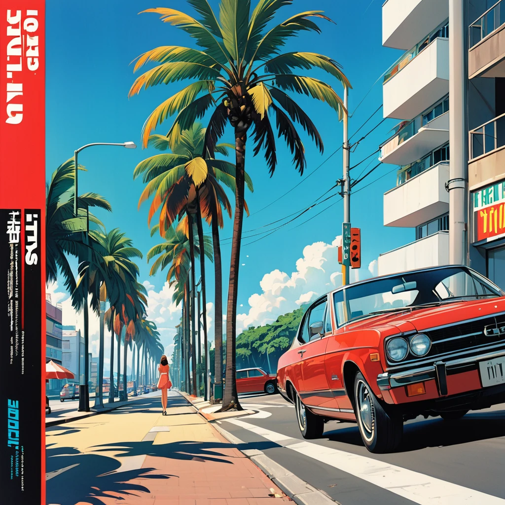 (masterpiece, Highest quality:1.1),90s Record Cover Art,City Pop,The title of the song is "a memory from summer",Red car,Palm tree,Girl's profile,seaside avenue, Inspired by Hiroshi Nagai's CMYK palette,An illustration/Hisashi Eguchi,(Blue outline),