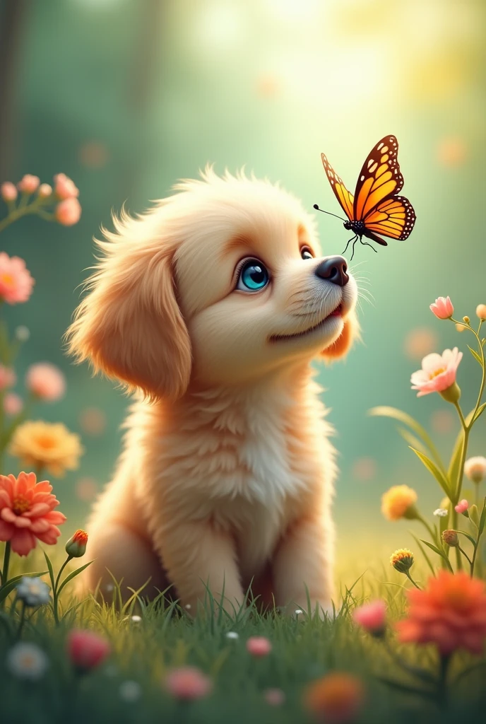 A butterfly on the nose of a puppy and beautiful attractive background 
