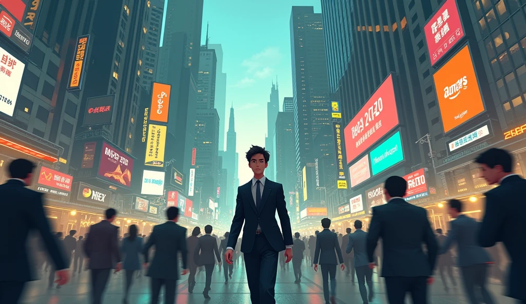 Background: A bustling city scene with people rushing through crowded streets, tall skyscrapers, and flashing billboards. The environment is filled with noise and movement, symbolizing the fast pace and pressure of modern life.
Style: Illustrative with a focus on muted, slightly overwhelming colors to capture the sense of hustle and stress. The lighting is dynamic, with a contrast between shadows and harsh city lights
Main Character: A young professional in the crowd, looking tired and overwhelmed. They’re dressed in formal work attire, holding a phone or briefcase, and their expression reflects the strain of keeping up with the fast-paced environment around them
