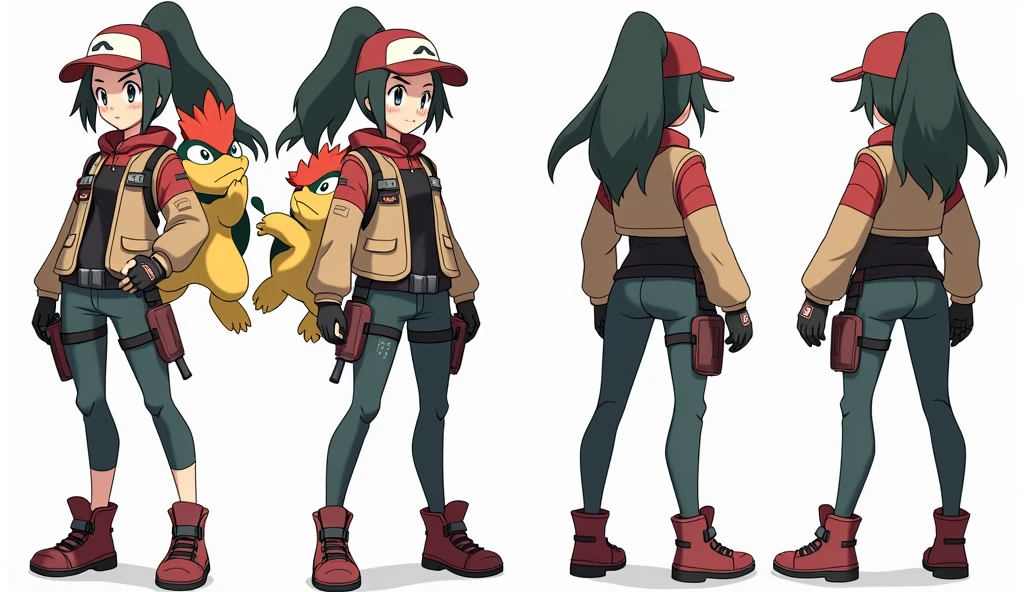 Sonia,pokemon,Standing Girl, cute, 1 girl, , 4-sided design, Diagonals, front, back, profile, Head to body ratio 5, character sheet, whole body, simple background, Four perspectives, tactical gear, bulletproof vest, Good quality, high detail, researcher,Pokemon bowser,ultra detailed, masterpiece, best quality, aesthetic, detailed
