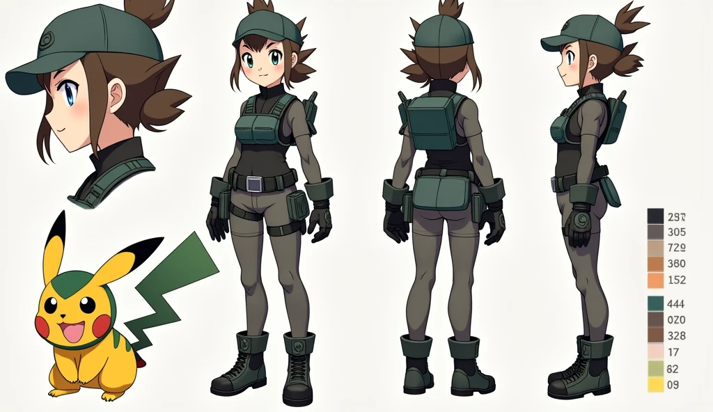 Sonia,pokemon,Standing Girl, cute, 1 girl, , 4-sided design, Diagonals, front, back, profile, Head to body ratio 5, character sheet, whole body, simple background, Four perspectives, tactical gear, bulletproof vest, Good quality, high detail, researcher,Pokemon bowser,ultra detailed, masterpiece, best quality, aesthetic, detailed