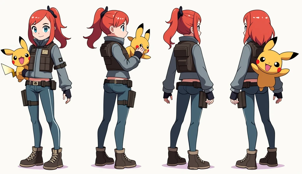 Sonia,pokemon,Standing Girl, cute, 1 girl, , 4-sided design, Diagonals, front, back, profile, Head to body ratio 5, character sheet, whole body, simple background, Four perspectives, tactical gear, bulletproof vest, Good quality, high detail, researcher,Pokemon bowser,ultra detailed, masterpiece, best quality, aesthetic, detailed