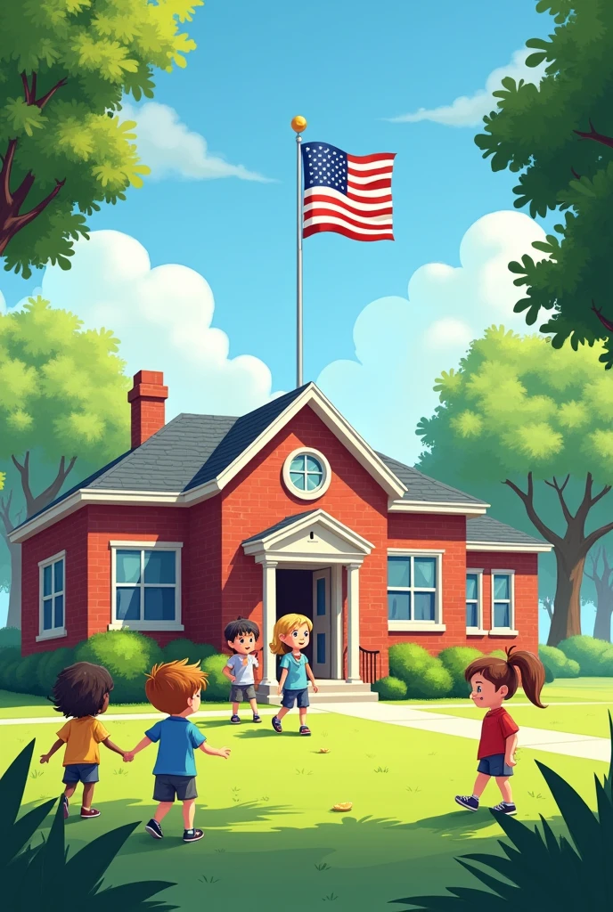 Small elementary school with green grass and some children and a flagpole, red and white flag