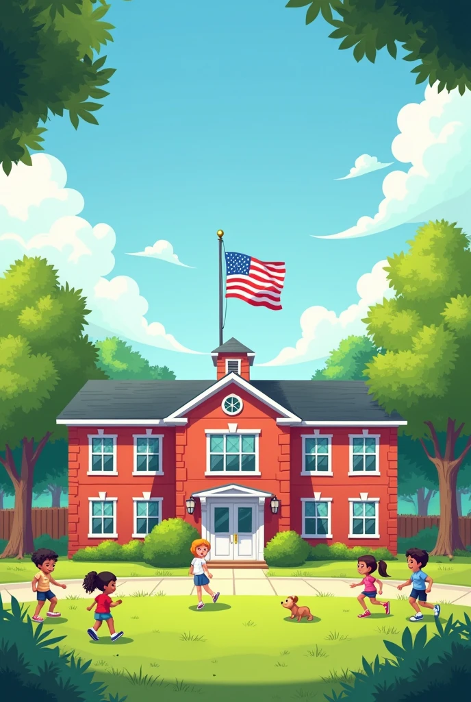 Small elementary school with green grass and some children and a flagpole, red and white flag