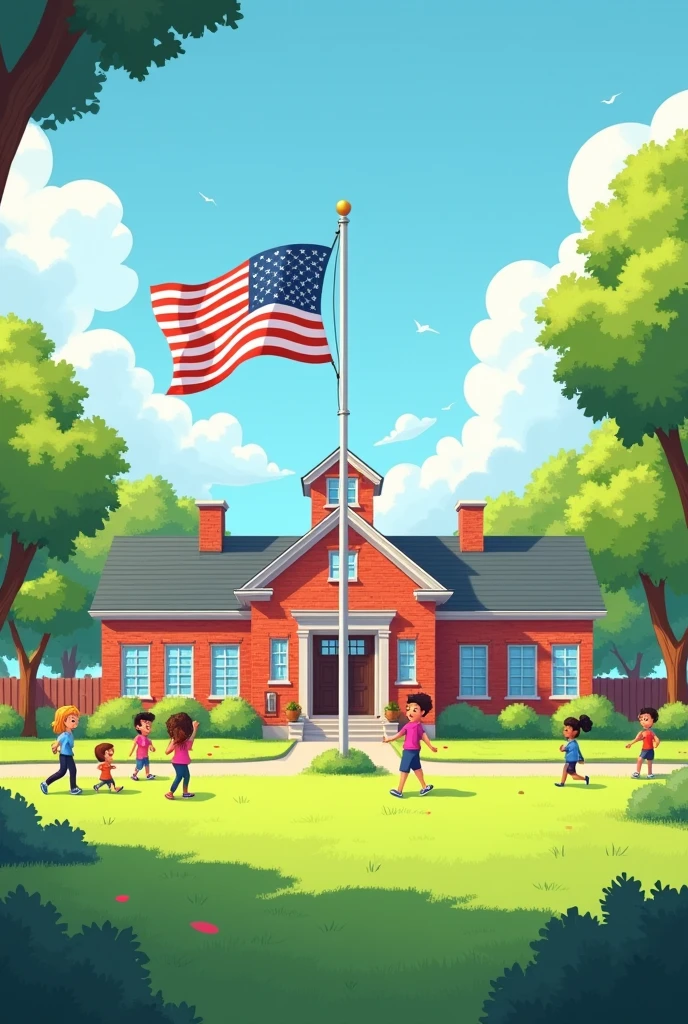 Small elementary school with green grass and some children and a flagpole, red and white flag