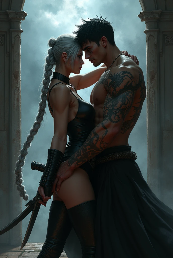 Create an image of a couple kissing at the desk, She has silver hair and an all-black fighting outfit with daggers on her body, he is strong and has a scar on his eye, tattoo of cuts all over his arm and a dragon tattoo covering his back, black clothes and thunder falls in the window. They are in a room. Hair cpm braids. He has black hair and shadows come out from behind him.. He looks like the actor from divergent.he has short hair