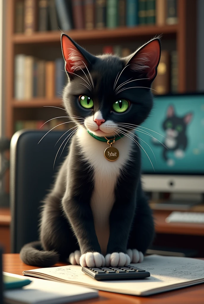 Un chat tuxedo aux yeux verts avec un collier où il est écrit Tybalt. En train de faire des calculs dans un bureau. En version réaliste.