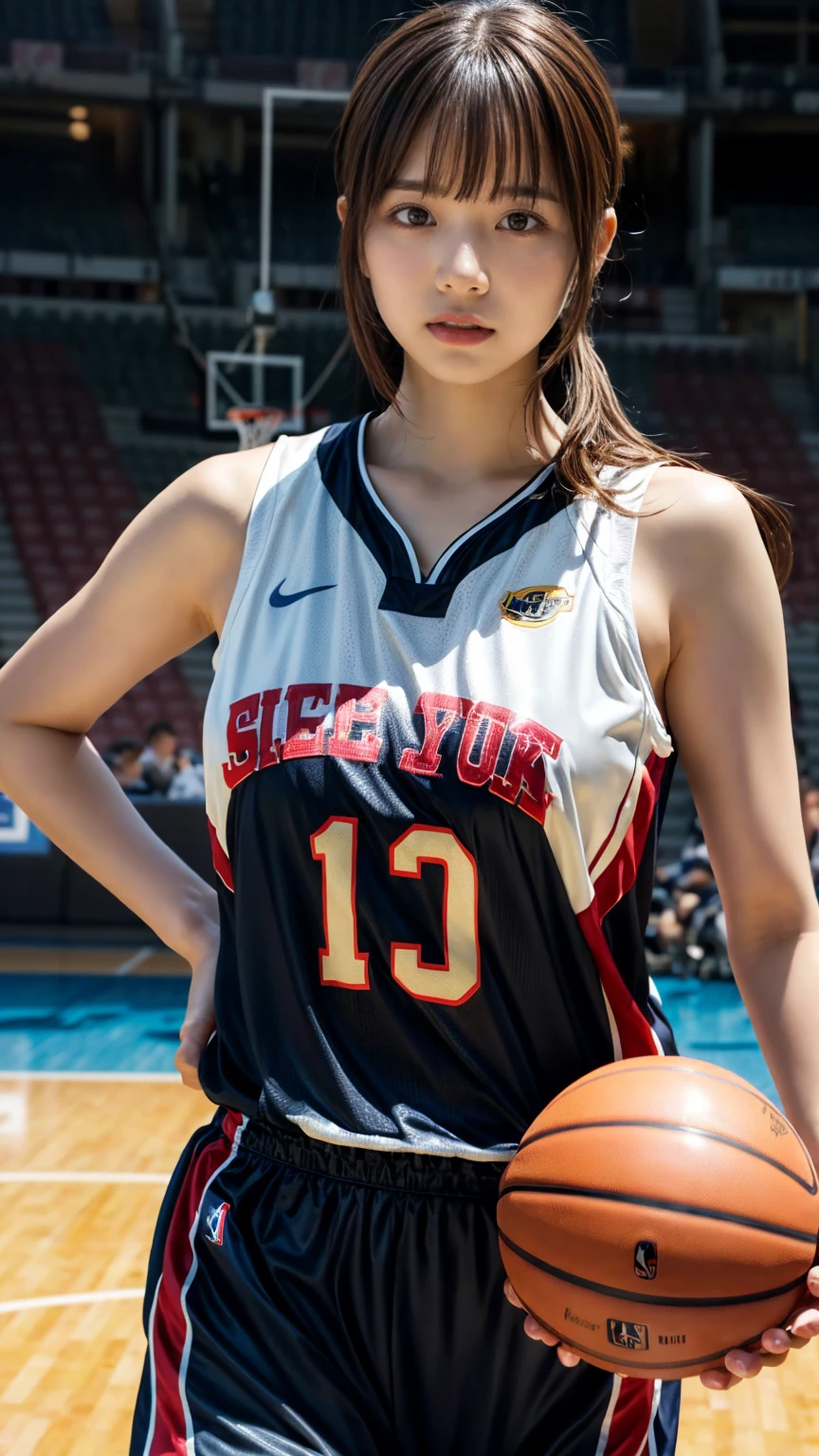 Highly detailed CG Unity 8k wallpaper, of the highest quality, super detailed, masutepiece, Realistic, photographrealistic, extremely detailed cute girl, 2, ,, Upper body , ,Colossal tits,Black eyes,shiny basketball uniform
