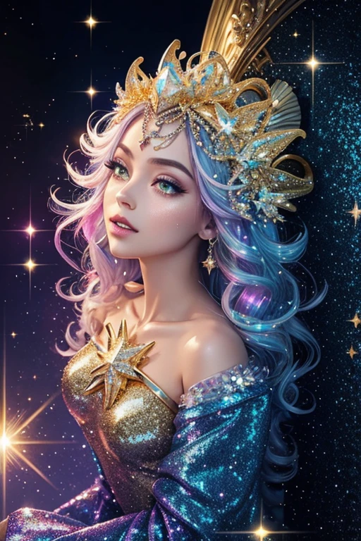 Crystal siren city, shell, crystal clear, hyperreal, neo impressionist, bubble, cosmic with sparkles galactic, dark background, enchanted, perfect, glitter, glitter on building, glitter gold, energy water, sparkling, alluring