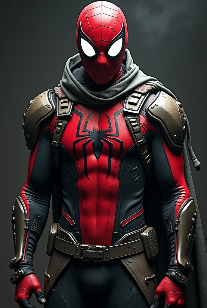 The image features a stylized version of a superhero character, depicted as Spider-Man. This iteration showcases an intricate, armored costume that blends traditional Spider-Man elements with a more futuristic and battle-ready design.
Key details include:
- **Color Scheme**: The primary colors are red and black, with the classic Spider-Man web pattern prominently displayed on the torso.
- **Armor Elements**: The costume is adorned with various metallic and textured components, suggesting a protective, armored look. These elements include shoulder pads, gauntlets, and a belt with pouches and gadgets.
- **Cape/Cloth**: There are tattered cloth elements that drape from the shoulders, adding a dramatic flair to the character's appearance.
- **Eyes**: The mask features large, expressive white eye lenses that are characteristic of Spider-Man, emphasizing a sense of intensity.
- **Background**: The backdrop appears dark and dramatic, enhancing the overall mood of the character.