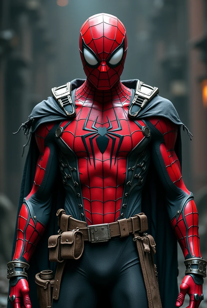 The image features a stylized version of a superhero character, depicted as Spider-Man. This iteration showcases an intricate, armored costume that blends traditional Spider-Man elements with a more futuristic and battle-ready design.
Key details include:
- **Color Scheme**: The primary colors are red and black, with the classic Spider-Man web pattern prominently displayed on the torso.
- **Armor Elements**: The costume is adorned with various metallic and textured components, suggesting a protective, armored look. These elements include shoulder pads, gauntlets, and a belt with pouches and gadgets.
- **Cape/Cloth**: There are tattered cloth elements that drape from the shoulders, adding a dramatic flair to the character's appearance.
- **Eyes**: The mask features large, expressive white eye lenses that are characteristic of Spider-Man, emphasizing a sense of intensity.
- **Background**: The backdrop appears dark and dramatic, enhancing the overall mood of the character.