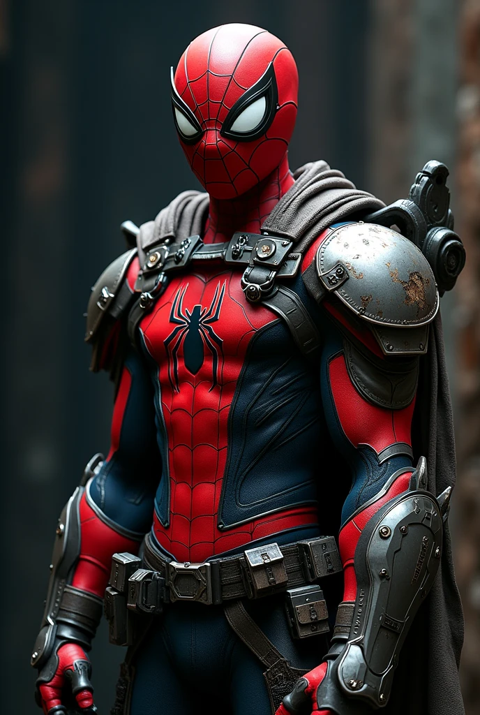 The image features a stylized version of a superhero character, depicted as Spider-Man. This iteration showcases an intricate, armored costume that blends traditional Spider-Man elements with a more futuristic and battle-ready design. 

Key details include:

- **Color Scheme**: The primary colors are red and black, with the classic Spider-Man web pattern prominently displayed on the torso.
- **Armor Elements**: The costume is adorned with various metallic and textured components, suggesting a protective, armored look. These elements include shoulder pads, gauntlets, and a belt with pouches and gadgets.
- **Cape/Cloth**: There are tattered cloth elements that drape from the shoulders, adding a dramatic flair to the character's appearance.
- **Eyes**: The mask features large, expressive white eye lenses that are characteristic of Spider-Man, emphasizing a sense of intensity.
- **Background**: The backdrop appears dark and dramatic, enhancing the overall mood of the character.