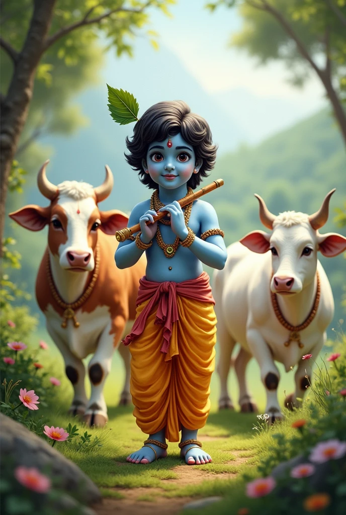 Lord little krsna is standing there backside cows  with natural environment he is a smile ther hand flute 