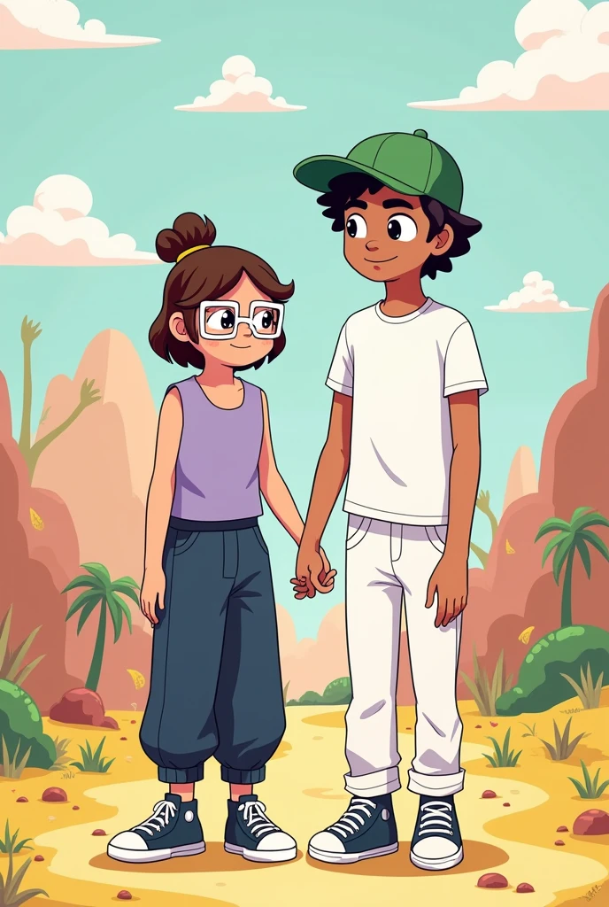 "I want you to generate an illustration of two new characters using the same drawing style used in the &#39;Adventure Time&#39; series. The characters should look like they could exist in the same universe.. Make sure the strokes, colors and proportions are similar to those used in the series, with a cartoonish and simplified appearance.
Character details:
1. character ung):
Brown hair tied up Plain blouse, sleeveless, color lila, with round neck.
Baggy navy pants Wear white square glasses and black converse.
2. character 2 (young):
Taller than the first character He wears a green cap with small curls of hair sticking out on the sides.
White basic t-shirt White jeans and tennis shoes Holding hands, in the world of adventure time