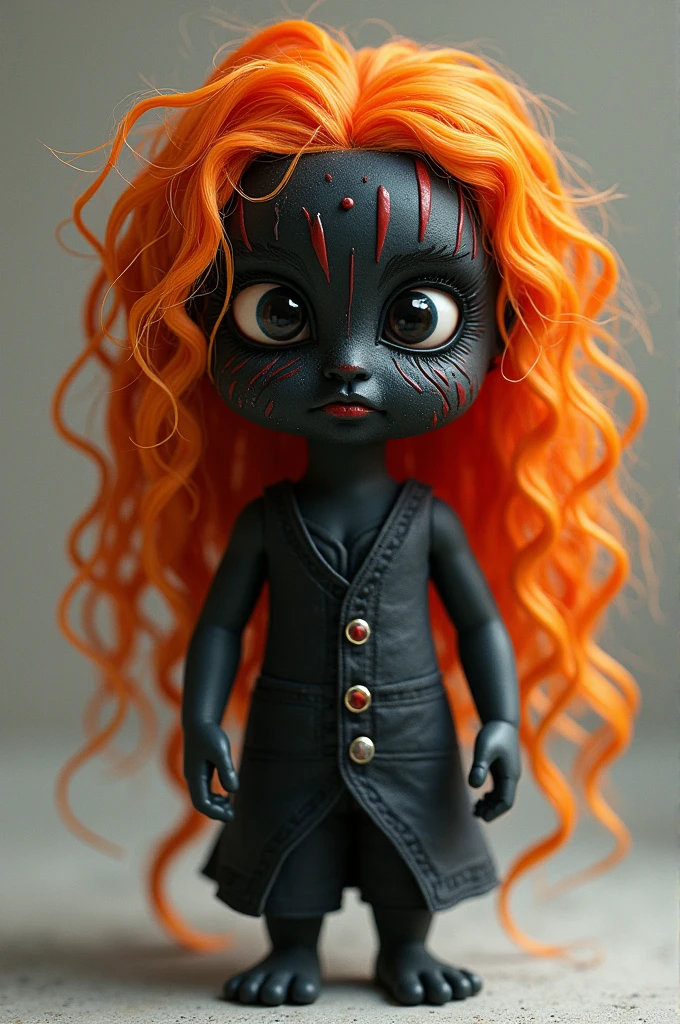 Draw a monster right stroke style doll, with curly and orange hair, black skinned with Asian features