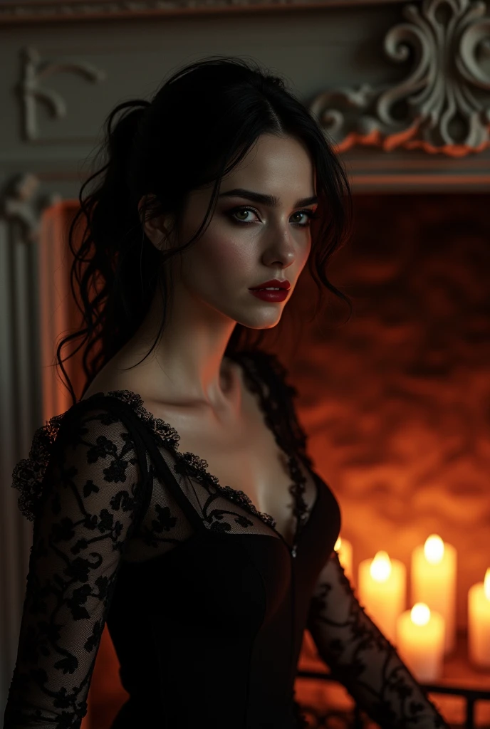 Vampires woman realistic in fire place 