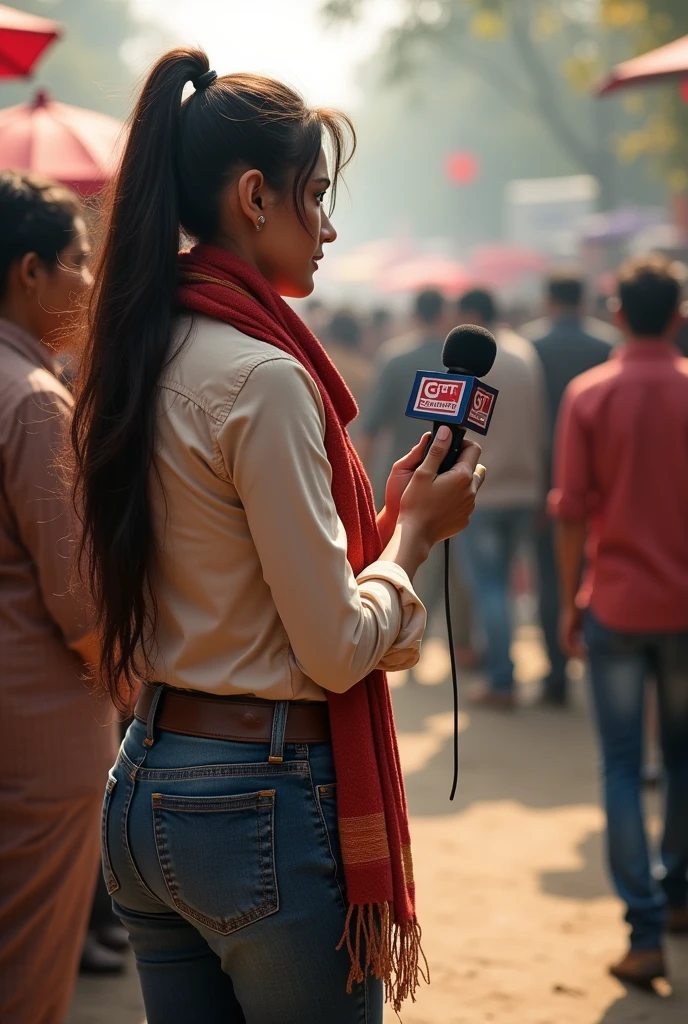 A female journalist wearing kurta jeans and muffler with long open hair. Her age is 30 years. She is having microphone in her hand and taking public opinions during election time. Dont show her face. Keep the back view while talking to people