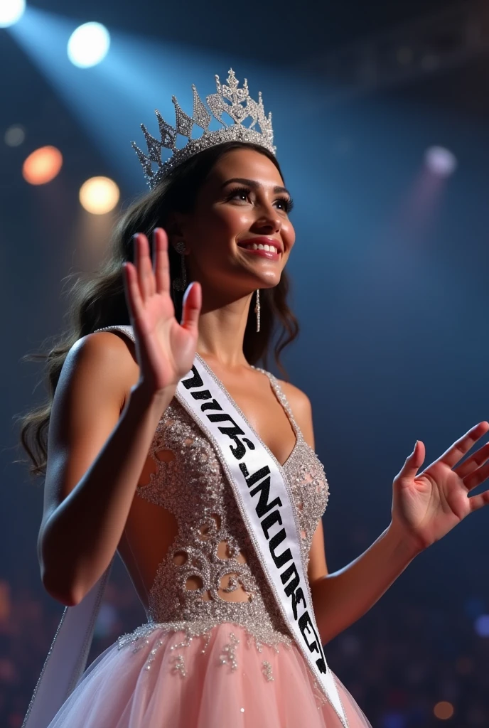 Miss Universe wear crown full tears adn wave her hands at her last walk at Miss Universe stage