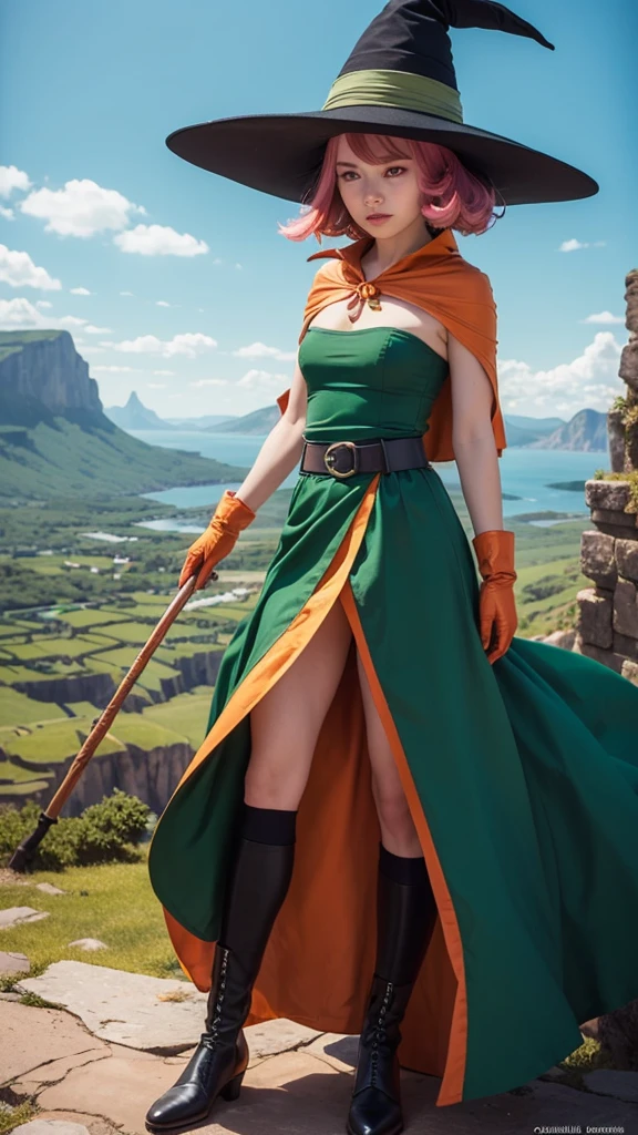 (masterpiece, Highest quality:1.1), magician (dq3), (alone),One Girl, alone, short hair, Pink Hair, Red eyes, witch hat, gloves, dress, Mid-chest, Green costume, (belt), boots, Orange Cape, staff, Black socks, witch, ((Upper Body Shot)), Fantastic landscape, Otherworldly landscapes,