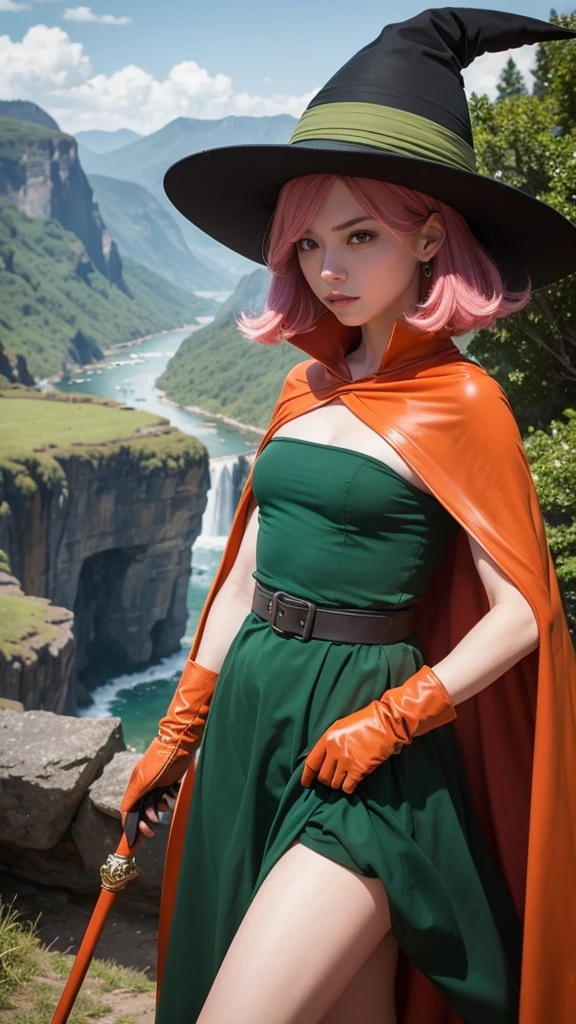 (masterpiece, Highest quality:1.1), magician (dq3), (alone),One Girl, alone, short hair, Pink Hair, Red eyes, witch hat, gloves, dress, Mid-chest, Green costume, (belt), boots, Orange Cape, staff, Black socks, witch, ((Upper Body Shot)), Fantastic landscape, Otherworldly landscapes,