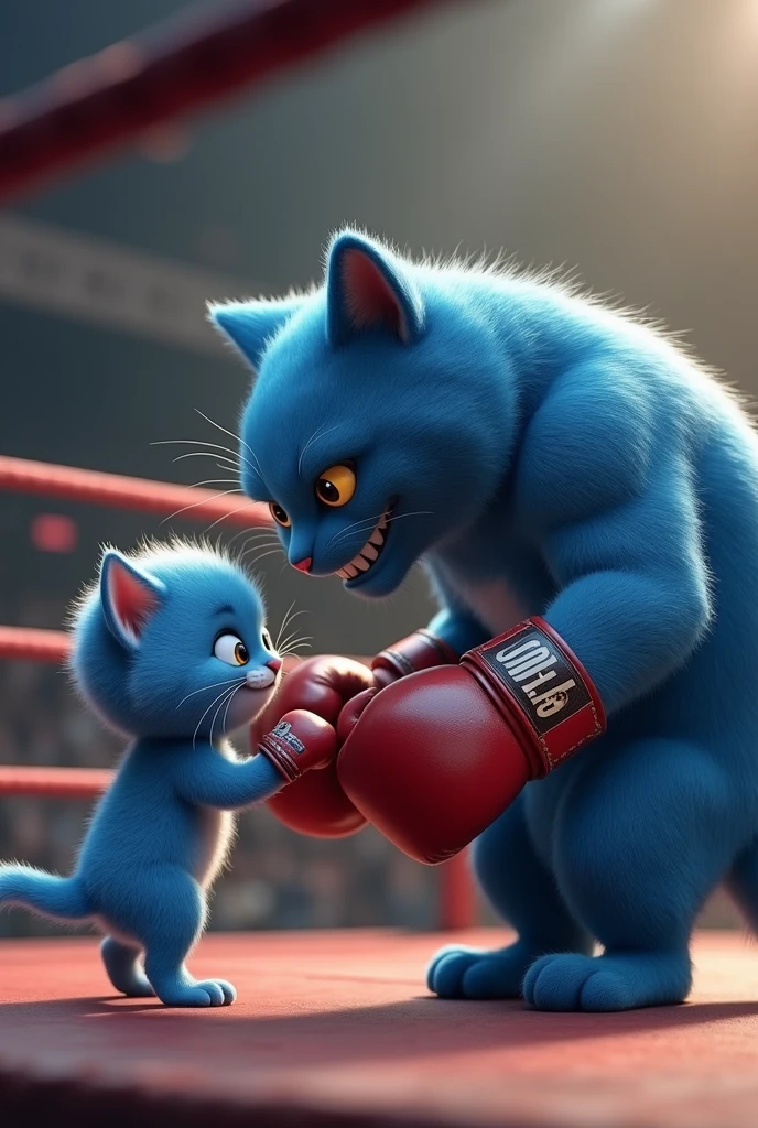 Let there be a blue kitten in the ring and a big and very muscular blue cat next to it, with boxing gloves in their hands, make it realistic 8k