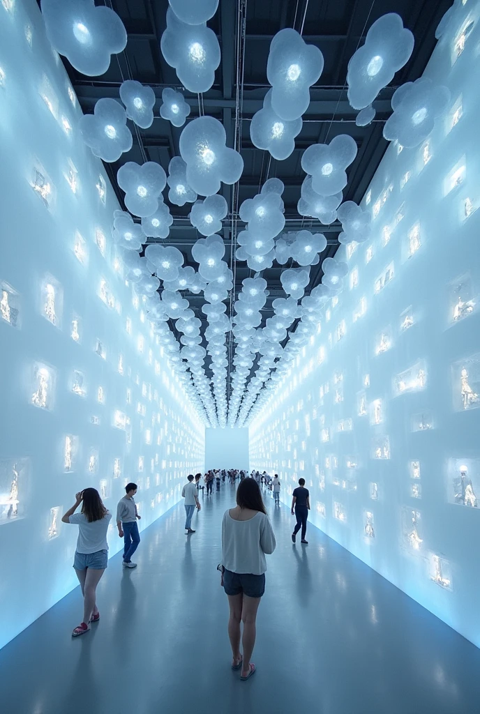 Hundreds of transparent acrylic cloud installations are arranged in an orderly manner, 5 meters high and 40 meters long. The overall clouds can be roughly divided into three layers. The first layer is small, the second layer is large, and the third layer is the largest. Hidden in the middle are transparent acrylic figures with different sitting postures. When the lights are on, the clouds take on the color of the sky.