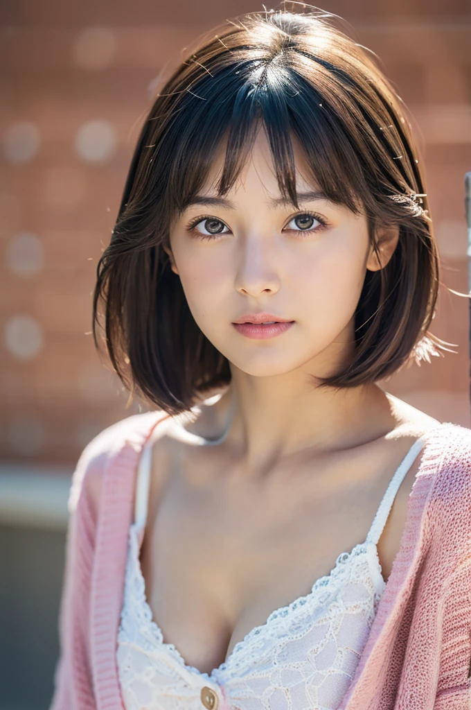 8k, highest quality, masterpiece, Realistic, Photorealistic, Ultra-detailed, Natural light, Highly detailed face and skin, Detailed eyes, Highly detailed face and skin mid-shot, Beautiful woman looking at the camera, Sexy pose, Beautiful Face, Realistic Face, Detailed face, Beautiful Hairstyles, (Short Hair), Realistic eyes, Fine grain, Realistic Skin, Detailed skin, Beautiful Skin, Charm, 超Realistic, Casual Pink cardigan, Cleavage, kid, BLack Hair, Cute Japanese Girl, whole body