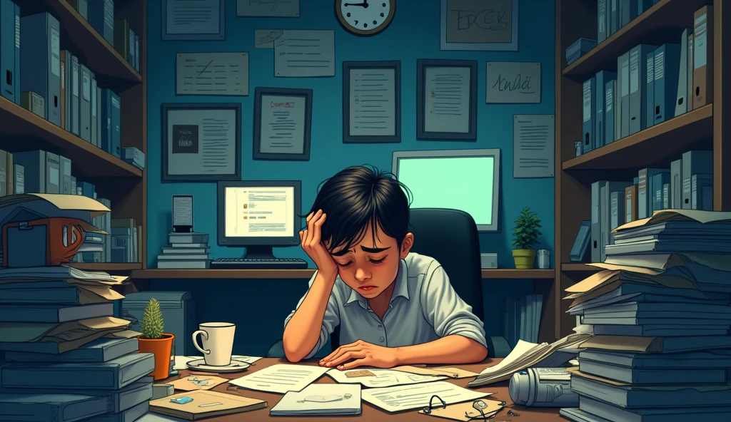 Background: A cluttered office space, filled with papers, screens, and to-do lists. The scene conveys a sense of chaos and disorganization, with a clock showing late hours and dim lighting to emphasize exhaustion.

Style: Illustrative with a gloomy color palette and shadows that represent the weight of overwork and neglect. The environment feels tight and confining, capturing the toll of constant striving without self-care
Main Character: Sitting at a desk, visibly drained and weary. Their posture is slouched, and their expression is one of fatigue. They’re surrounded by empty coffee cups and work materials, symbolizing the neglect of their own well-being in the pursuit of productivity
